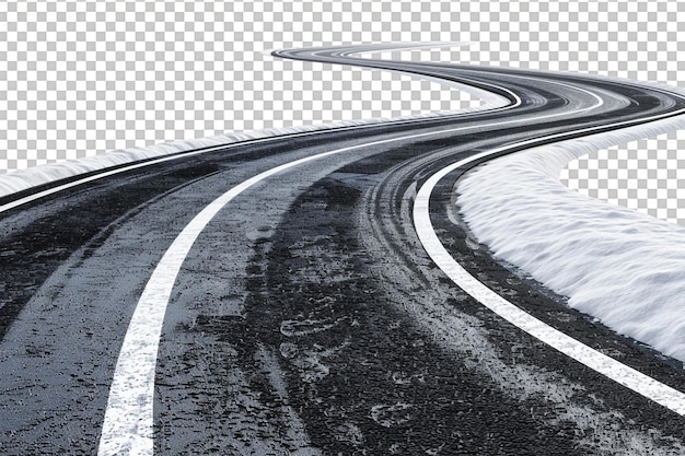 PSD curved road with white markings on transparent background