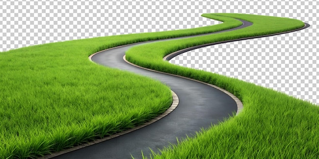 PSD curving path with green grass isolated against transparent background