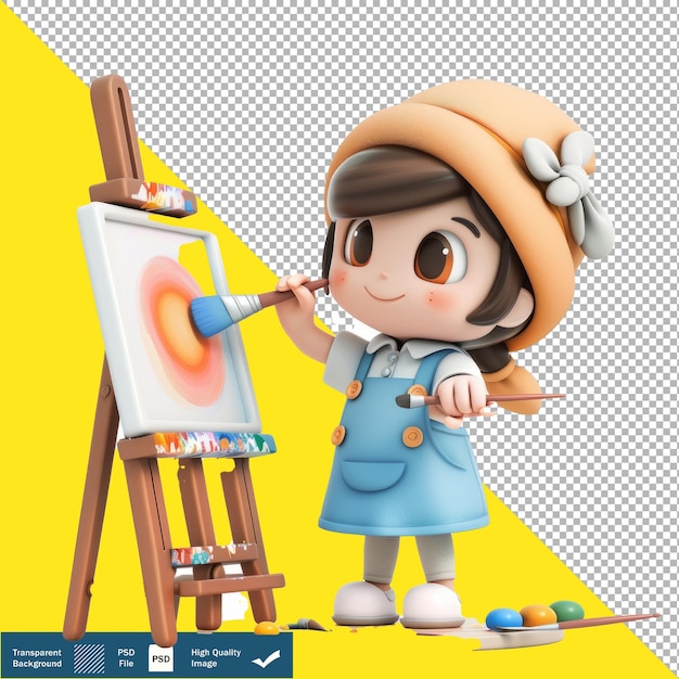 PSD cute artist painting a masterpiece cartoon 3d render transparent background png psd