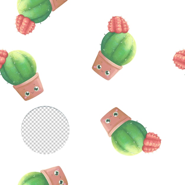 PSD cute cactus in smiling pot seamless pattern on white background