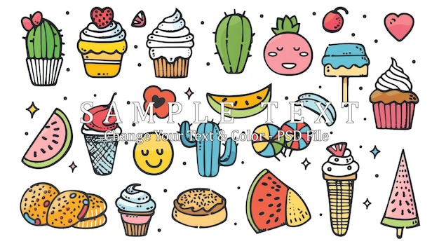 PSD cute doodle summer treats and cactus