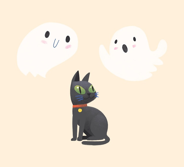 PSD cute funny ghosts and black cat illustrations for halloween invitations cards patterns and posters