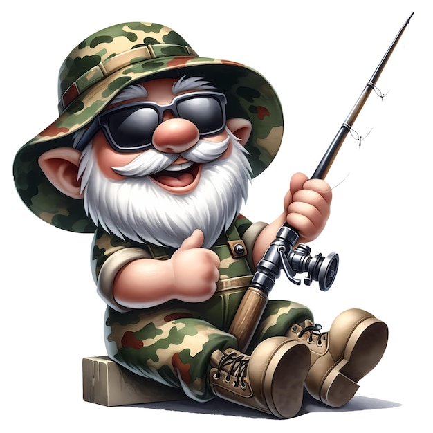 Cute Gnome Fisherman Wearing Camouflage Watercolor Clipart Illustration