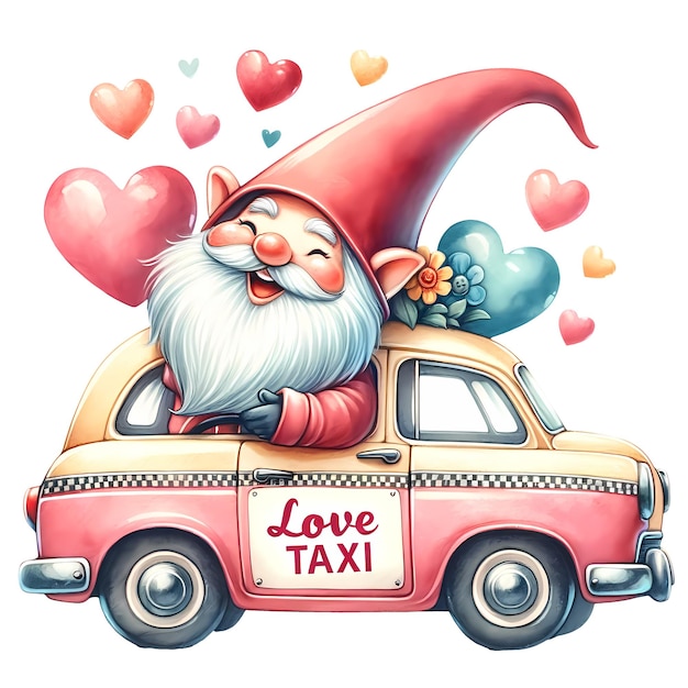 PSD cute gnome love taxi valentine watercolor clipart illustration