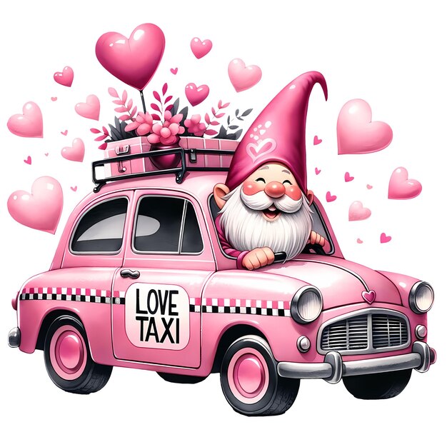 PSD cute gnome love taxi valentine watercolor clipart illustration