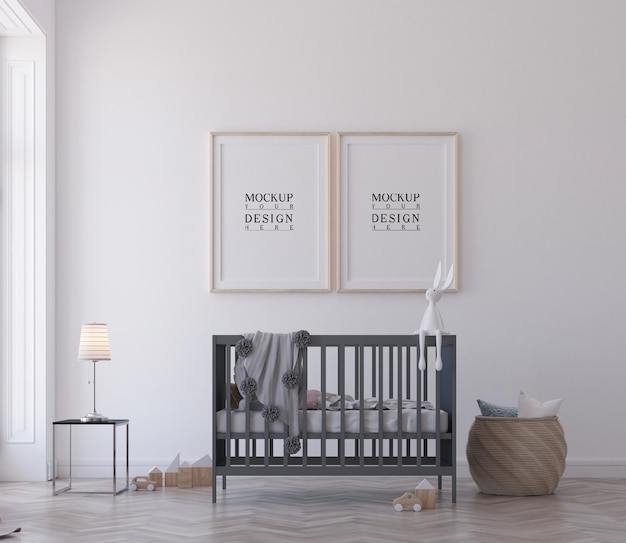 cute nursery room with mockup framed painting or poster