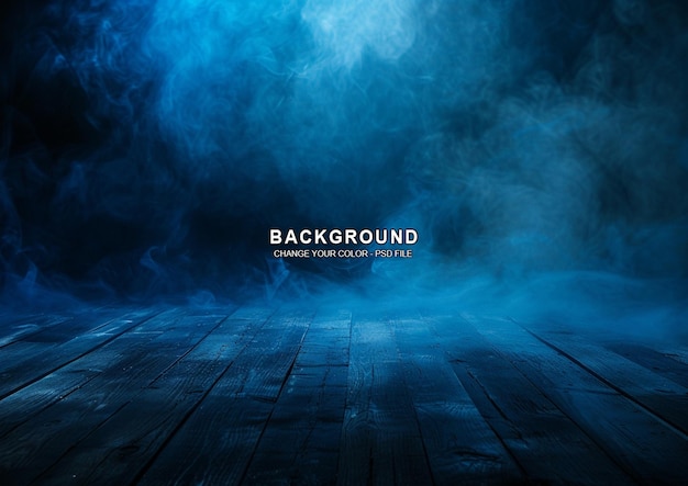 PSD dark blue background with fog and empty wooden floor smoke on the ground night scene