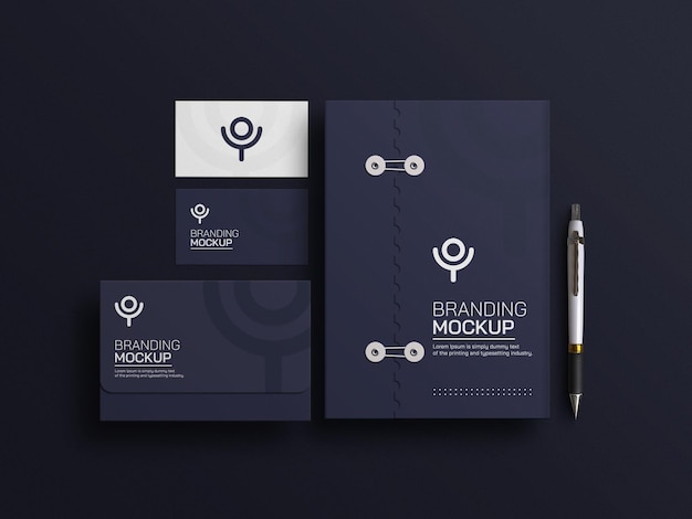 Dark blue document with envelope stationery mockup