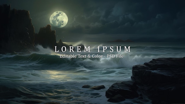 PSD a dark luministic painting showing large waves crashing on a full moon coastline