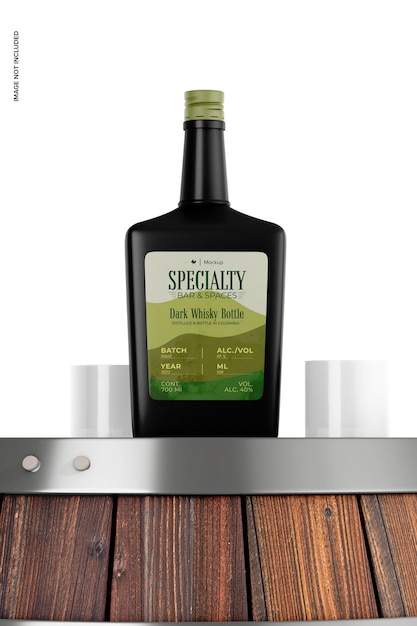 Dark Whisky Bottle Mockup on Barrel