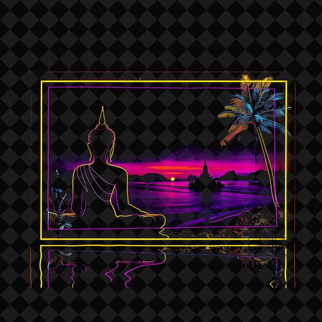 PSD dazzling neon phuket panorama within a silhouette rectangle png y2k monoline cityscape collage art