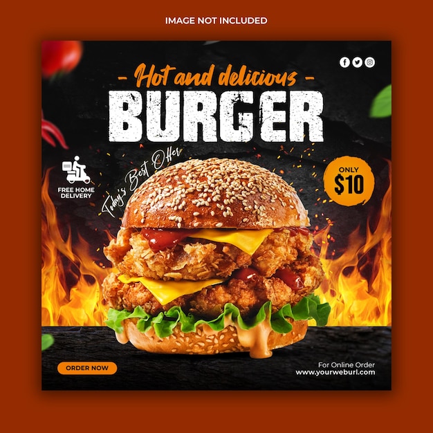 Delicious burger and food menu social media promotion banner template