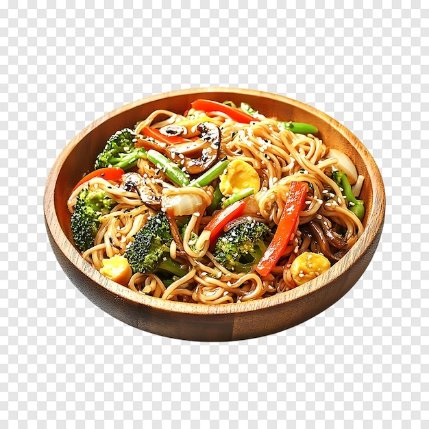 PSD deliciously stirfried egg noodles with vegetables isolated on a transparent background