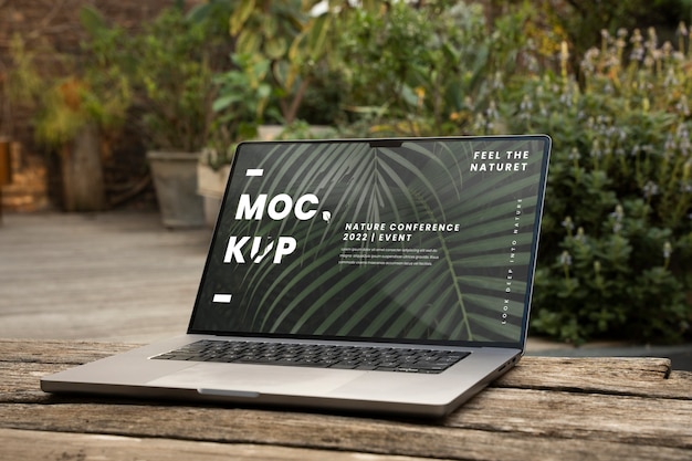 Device mockup on patio with plants