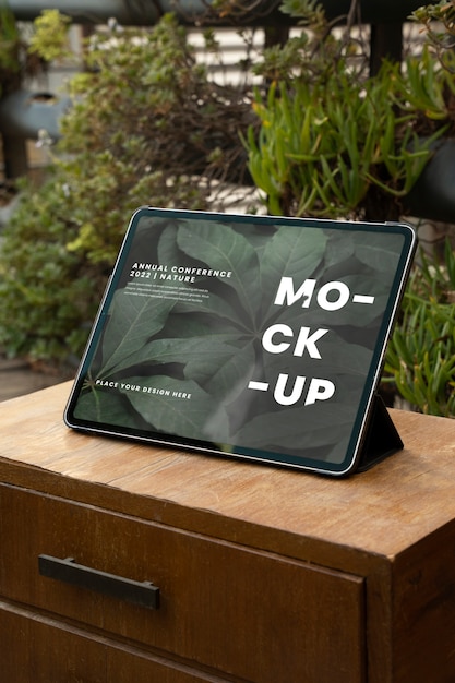 Device mockup on patio with plants