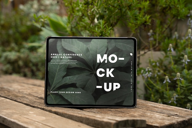 Device mockup on patio with plants