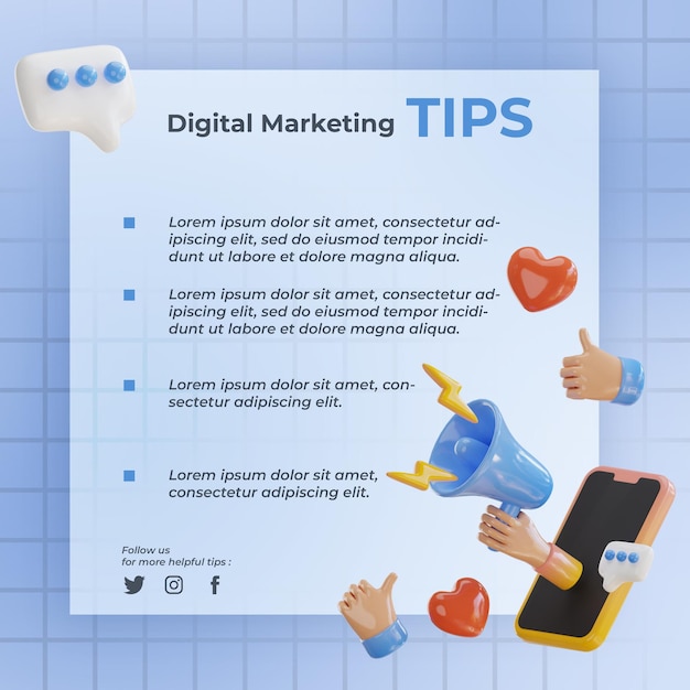 digital marketing tips template with 3d render megaphone hand thumb up idea phone chat spech bubble