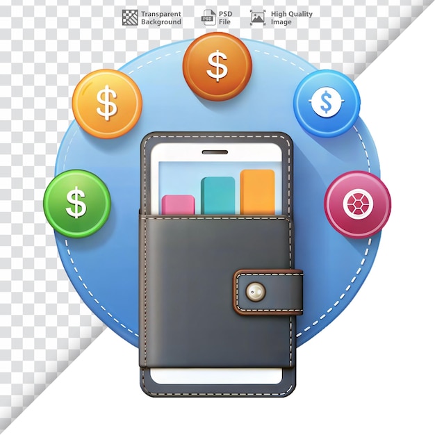 PSD digital wallet icon with various currencies representing electronic payments