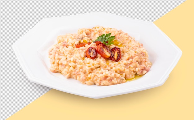 PSD dish of rice sausage risotto with roasted cherry tomatoes and parsley leaves