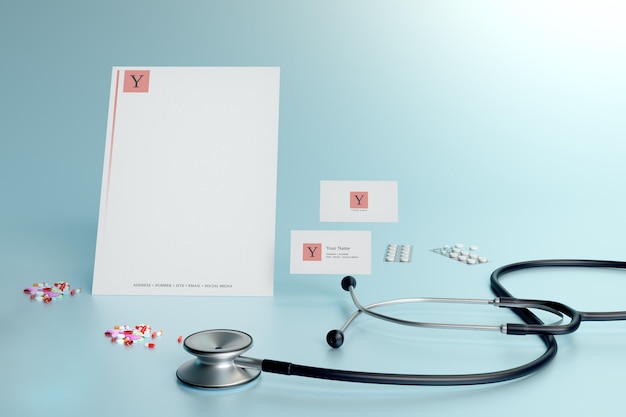 PSD doctor physician md medical medicine stationary letterhead paper and business card branding mockup