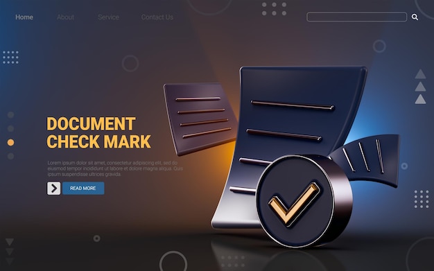 PSD document check mark icon on dark background 3d render concept for paper information confirm approve