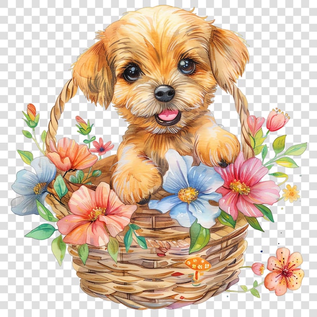 dog in basket with flowers nuresery watercolor