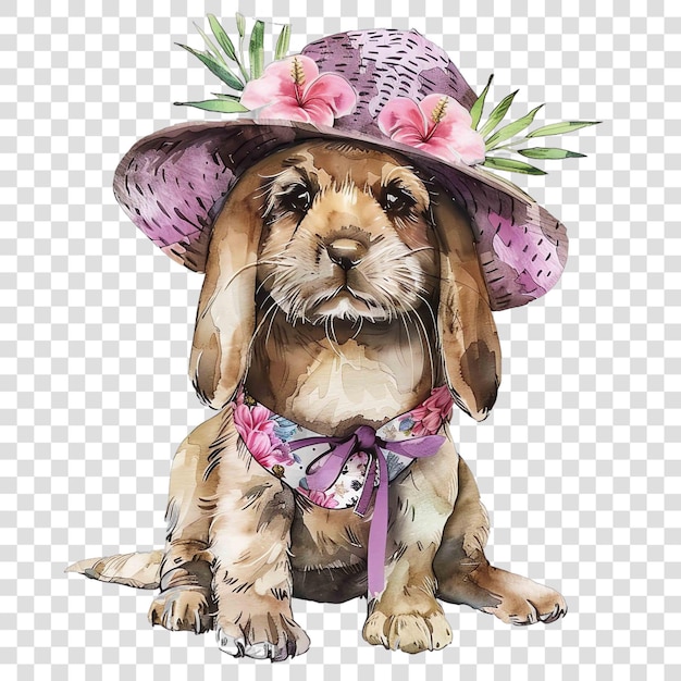 dog rabbit in a summer outfit with a floral fuchsia panama hat nuresery watercolor