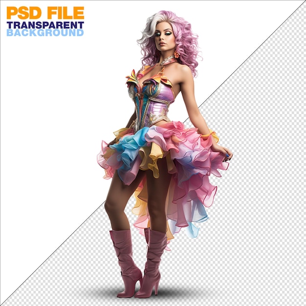 drag queen dressed in colorful dress on transparent background