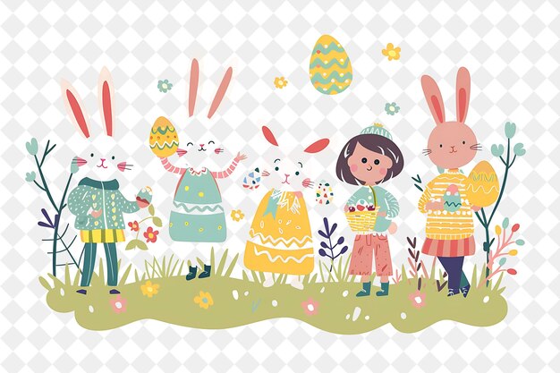 PSD easter egg hunt with cheerful bunnies and children design is png festival 2d flat art illustrations