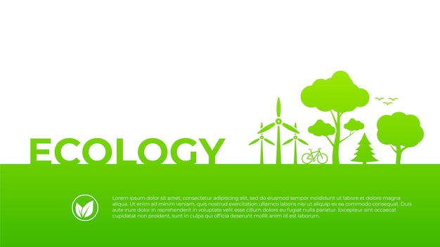 PSD ecology flat design concept illustration windmills trees spruce and birds