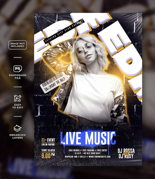 Edm live music party event flyer a4 template