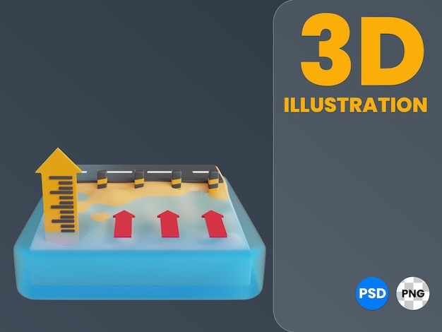 PSD een 3d-isometrische illustratie van het zeewaterpeil tot aan de weg