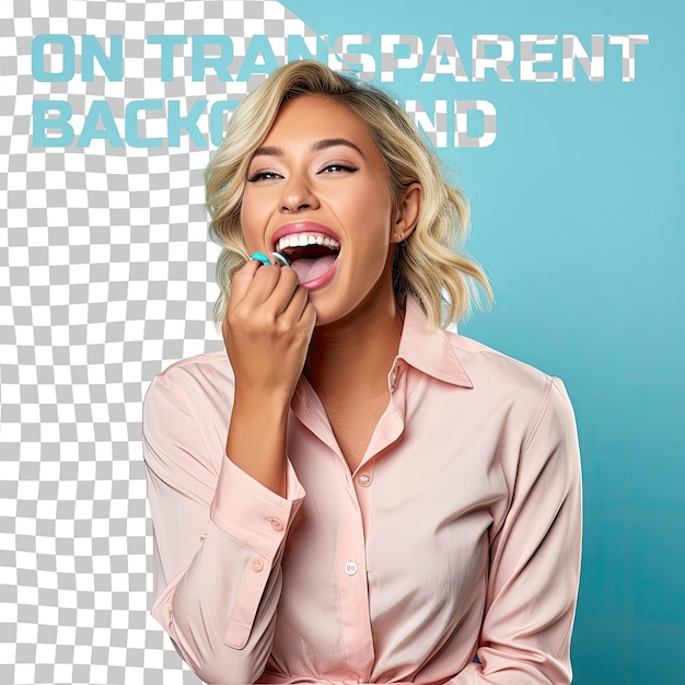 PSD een defensieve jonge volwassen vrouw met blond haar van de aziatische etnische afkomst gekleed in nutritionist kleding poseert in een laughing with hand covering mouth stijl tegen een pastel blauwe achtergrond