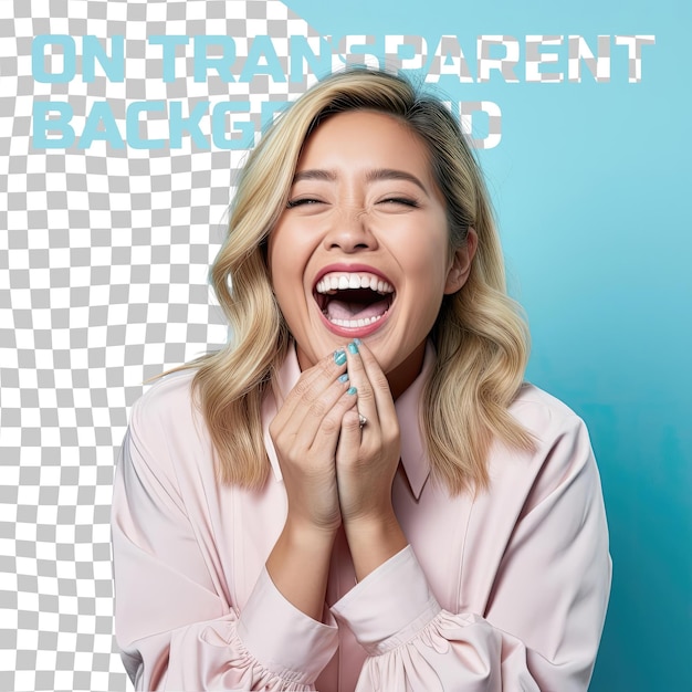 PSD een defensieve jonge volwassen vrouw met blond haar van de aziatische etnische afkomst gekleed in nutritionist kleding poseert in een laughing with hand covering mouth stijl tegen een pastel blauwe achtergrond