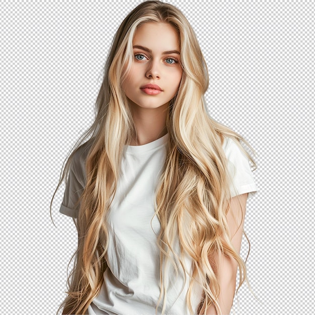 PSD een meisje met lang blond haar en een wit shirt