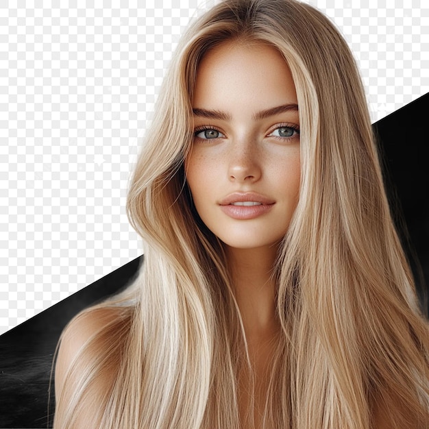 PSD een model met lang blond haar en een zwarte achtergrond