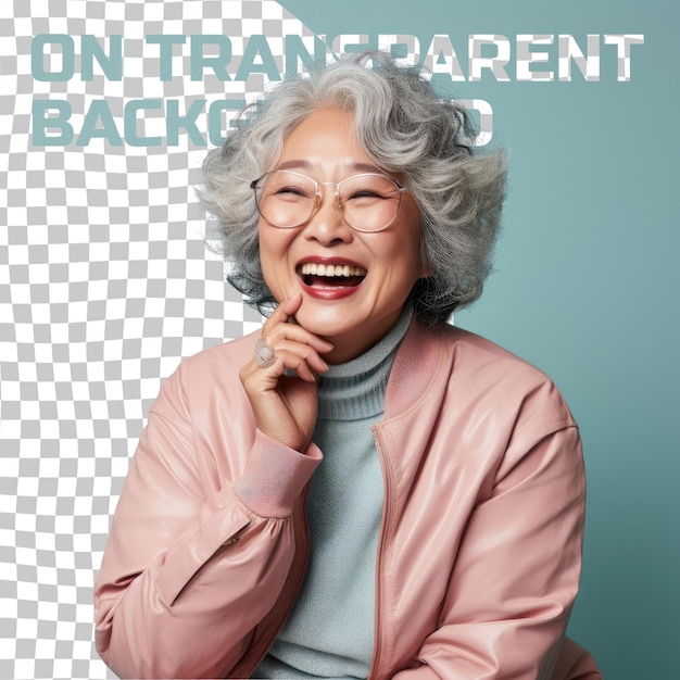 PSD een verveelde senior vrouw met krullend haar van de oost-aziatische etniciteit gekleed in scrapbooking herinneringen kleding poseert in een lachen met hand bedekken mouth stijl tegen een pastel mint achtergrond