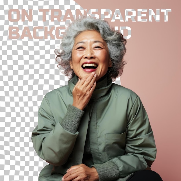 PSD een verveelde senior vrouw met krullend haar van de oost-aziatische etniciteit gekleed in scrapbooking herinneringen kleding poseert in een lachen met hand bedekken mouth stijl tegen een pastel mint achtergrond