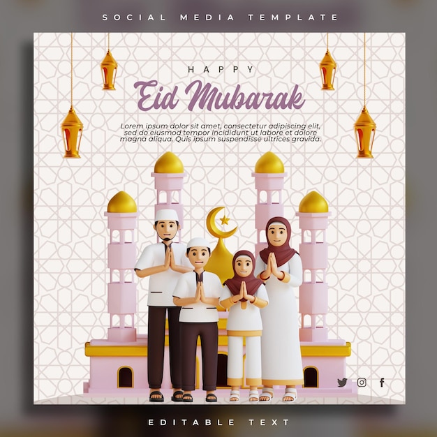 eid mubarak square template with 3d render mosque and muslim family namaste pose