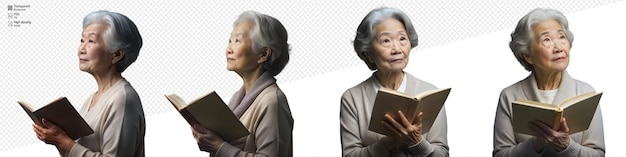 PSD elderly woman reading a book and looking thoughtful on a transparent background