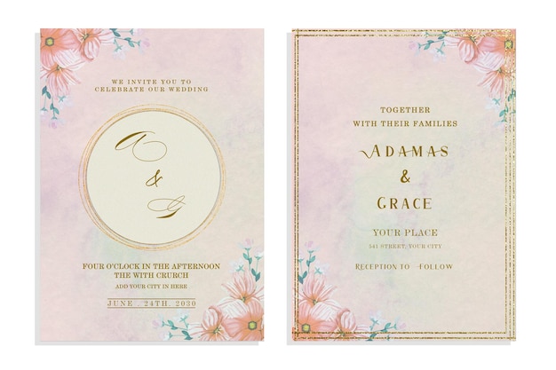 PSD elegant watercolor wedding invitation card with greenery leaves psd