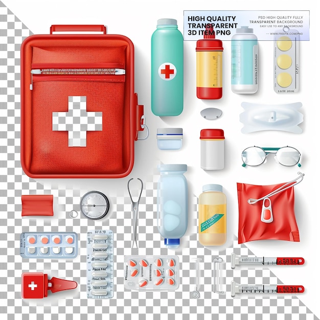 PSD emergency medical kits contain essential items for emergencies on transparent background