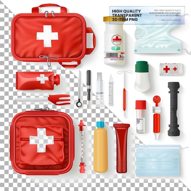 PSD emergency medical kits contain essential items for emergencies on transparent background