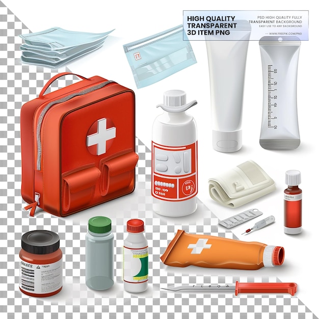 PSD emergency medical kits contain essential items for emergencies on transparent background