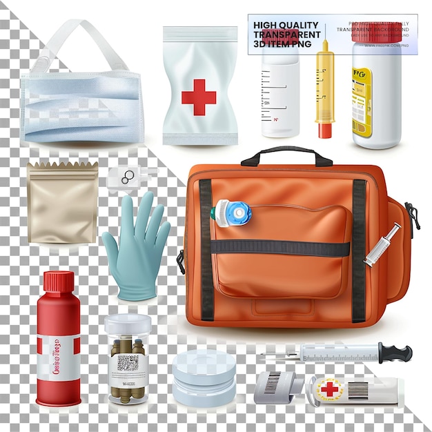 PSD emergency medical kits contain essential items for emergencies on transparent background