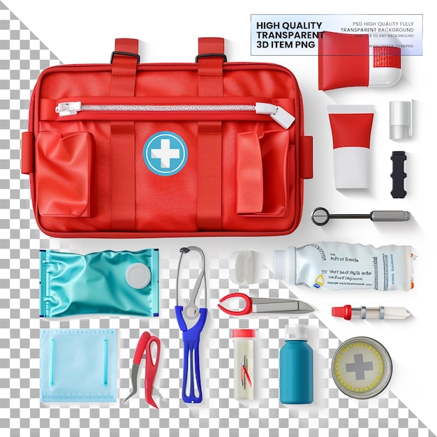 PSD emergency medical kits contain essential items for emergencies on transparent background