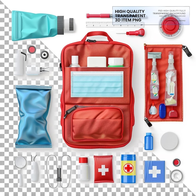 PSD emergency medical kits contain essential items for emergencies on transparent background