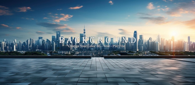 Empty square floor and city skyline with building background