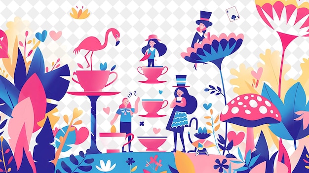 PSD enchanted garden with alice in wonderland characters having people life style flat illustration