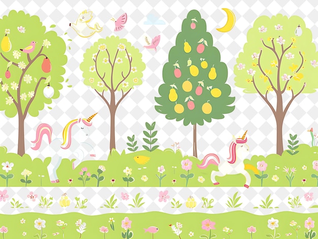 PSD fairytale meadow landscape with blossoming fruit trees and f illustration natural scenery design